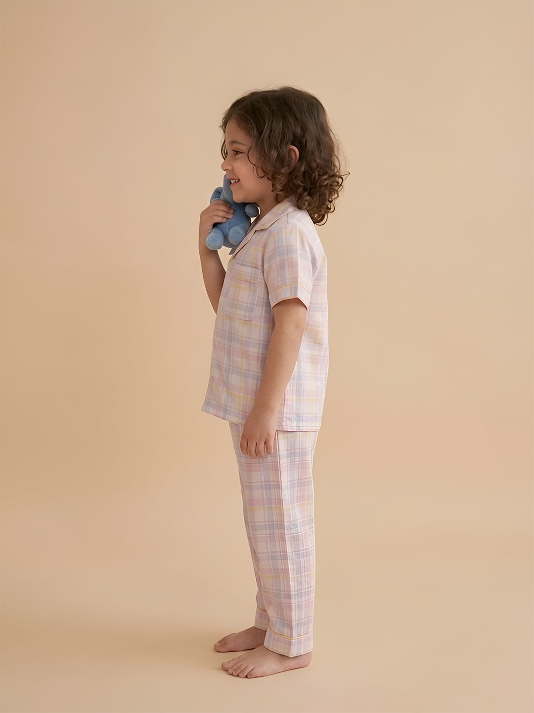 Polka Tots Half sleeves Checkered Night Suit - Pink/Blue