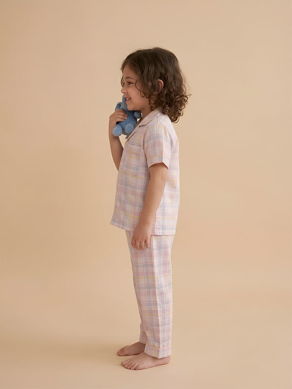 Polka Tots Half sleeves Checkered Night Suit - Pink/Blue