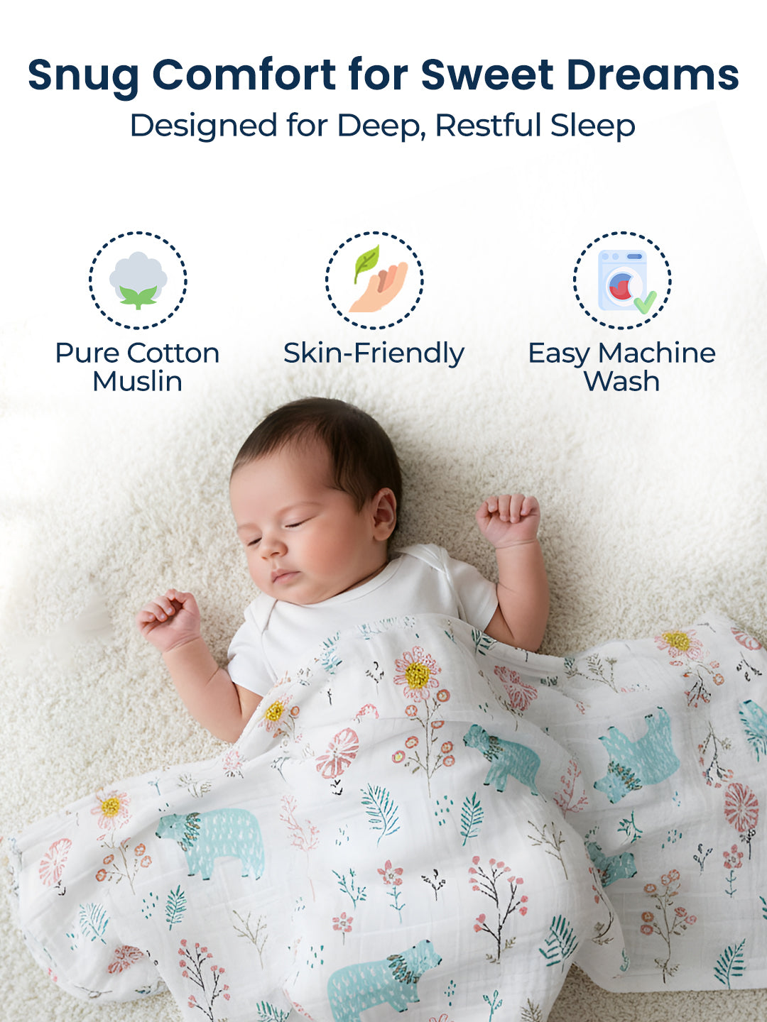 Baby sleeping under a patterned blanket with text about comfort and features.