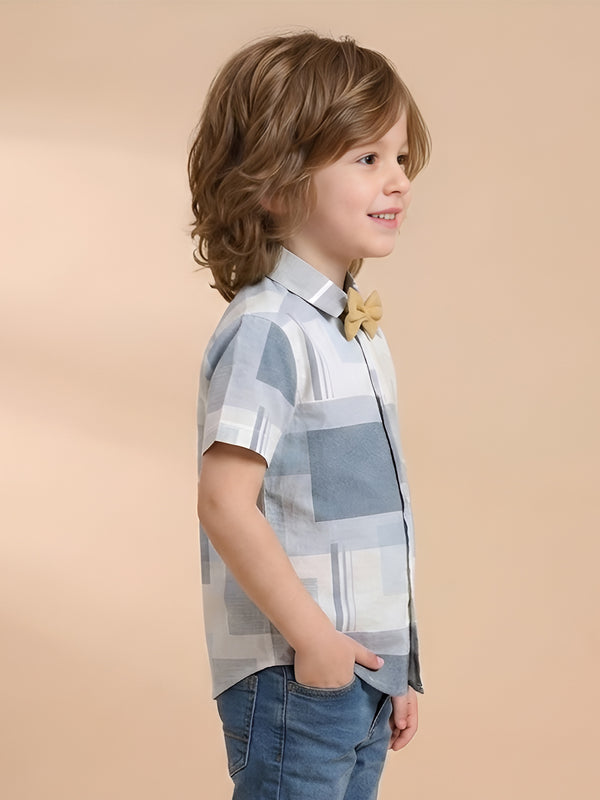 Polka Tots Half Sleeves Shirt with Bow Tie - Grey