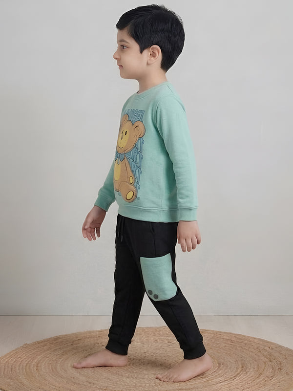 Polka Tots Full Sleeve Teddy Bear Print Co-ord set - Sea green