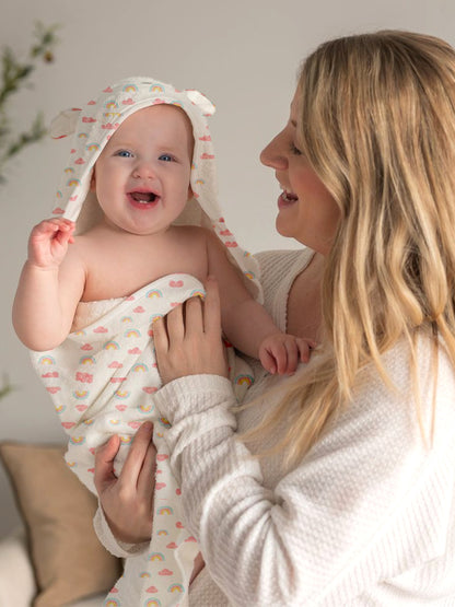 Polka Tots 100% Soft Muslin Cotton 2-Layer Hooded Baby Towel with Ear Appliqué - Rainbow Mist Print