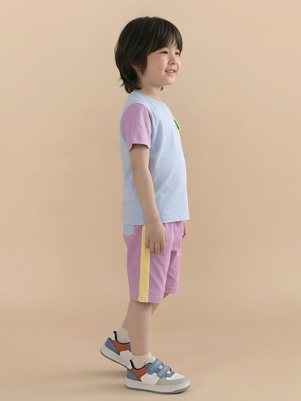 Polka Tots Half Sleeves Colorblock T-Shirt Shorts - Multicolor