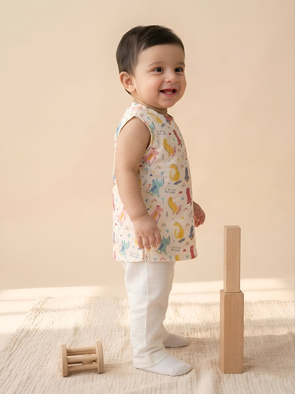 Polka Tots Cotton Sleeveless Dinosaur print Jhabla and Pant Set - Multicolor