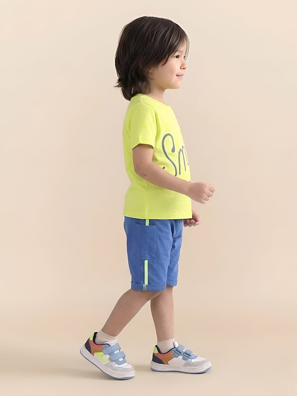 Polka Tots Half Sleeves Smile print T-Shirt Shorts - Neon and Blue