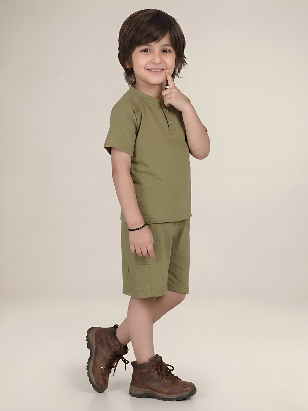 Polka Tots Half Sleeves Solid T-Shirt Shorts - Green