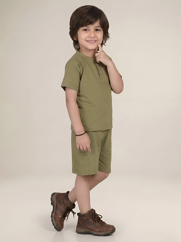 Polka Tots Half Sleeves Solid T-Shirt Shorts - Green