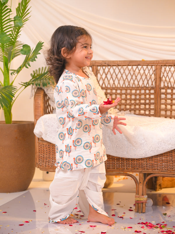 Polka Tots  Peacock Print Angrakha Top With Dhoti - Multicolour