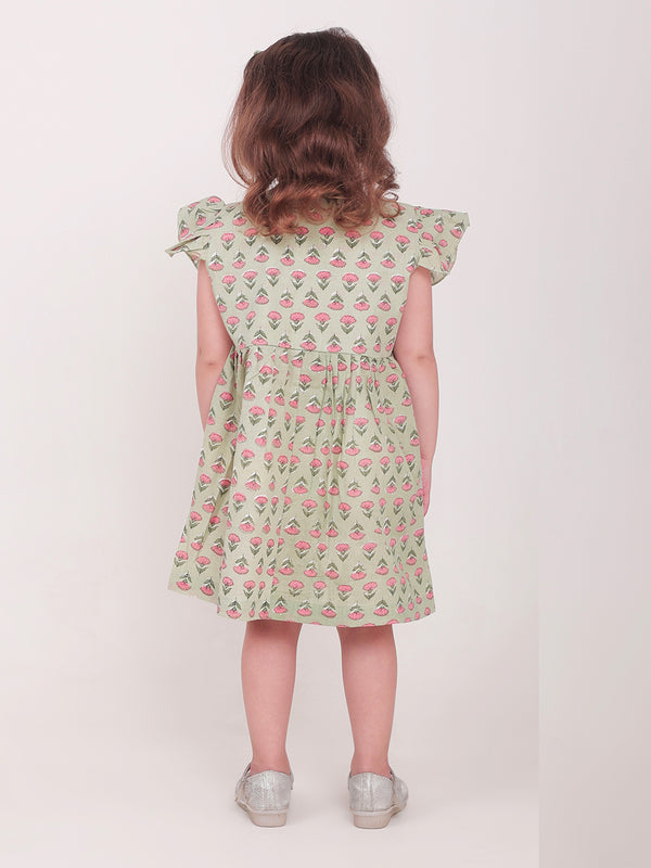 Polka Tots Half sleeve Floral print Frock with Headband - Green