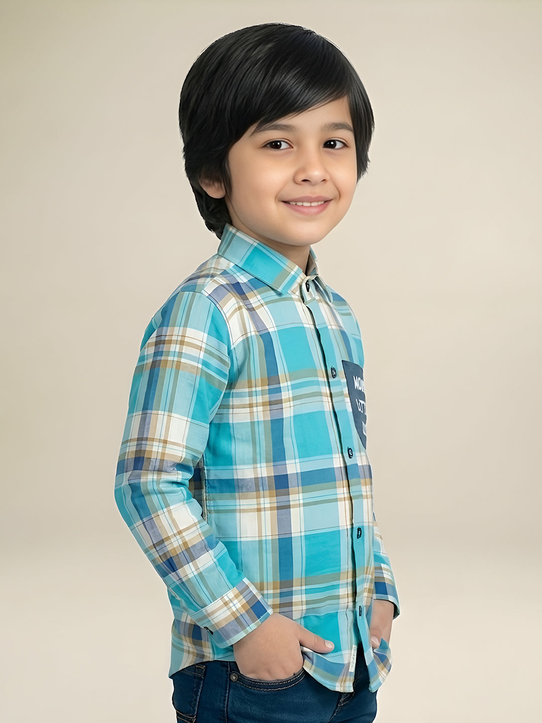 Polka Tots Full Sleeves Moms Little Love print Checks Shirt - Turquoise