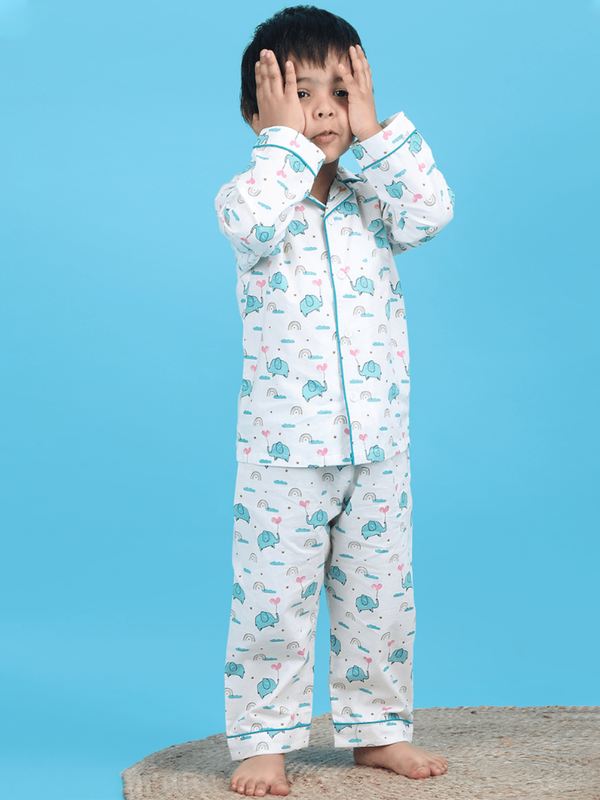 Polka Tots Full sleeve Elephant print Night suit - White