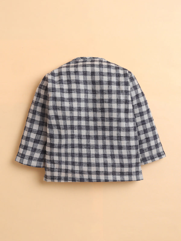Polka Tots Soft Cotton Full-Sleeves Teddy Pocket Gingham Jhabla & Pant Set - Black