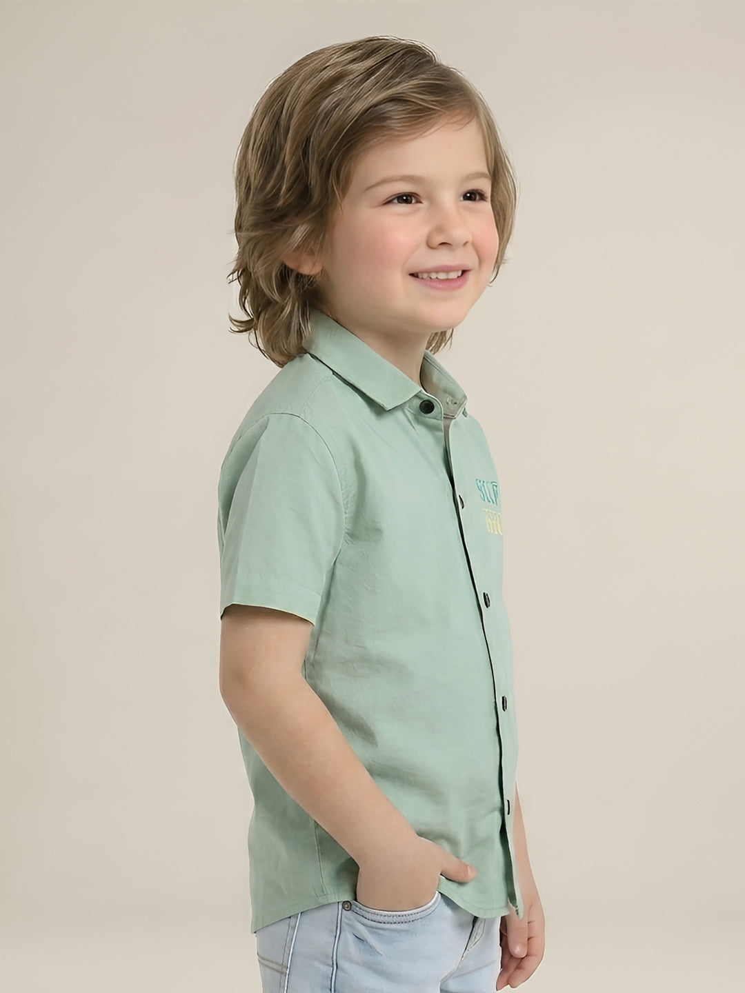 Polka Tots Cotton Regular Fit Half Sleeve Self Hero Metallic Print Shirt - Sea Green