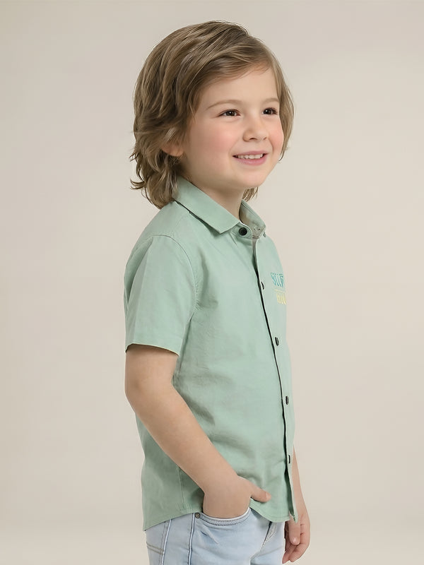 Polka Tots Cotton Regular Fit Half Sleeve Self Hero Metallic Print Shirt - Sea Green