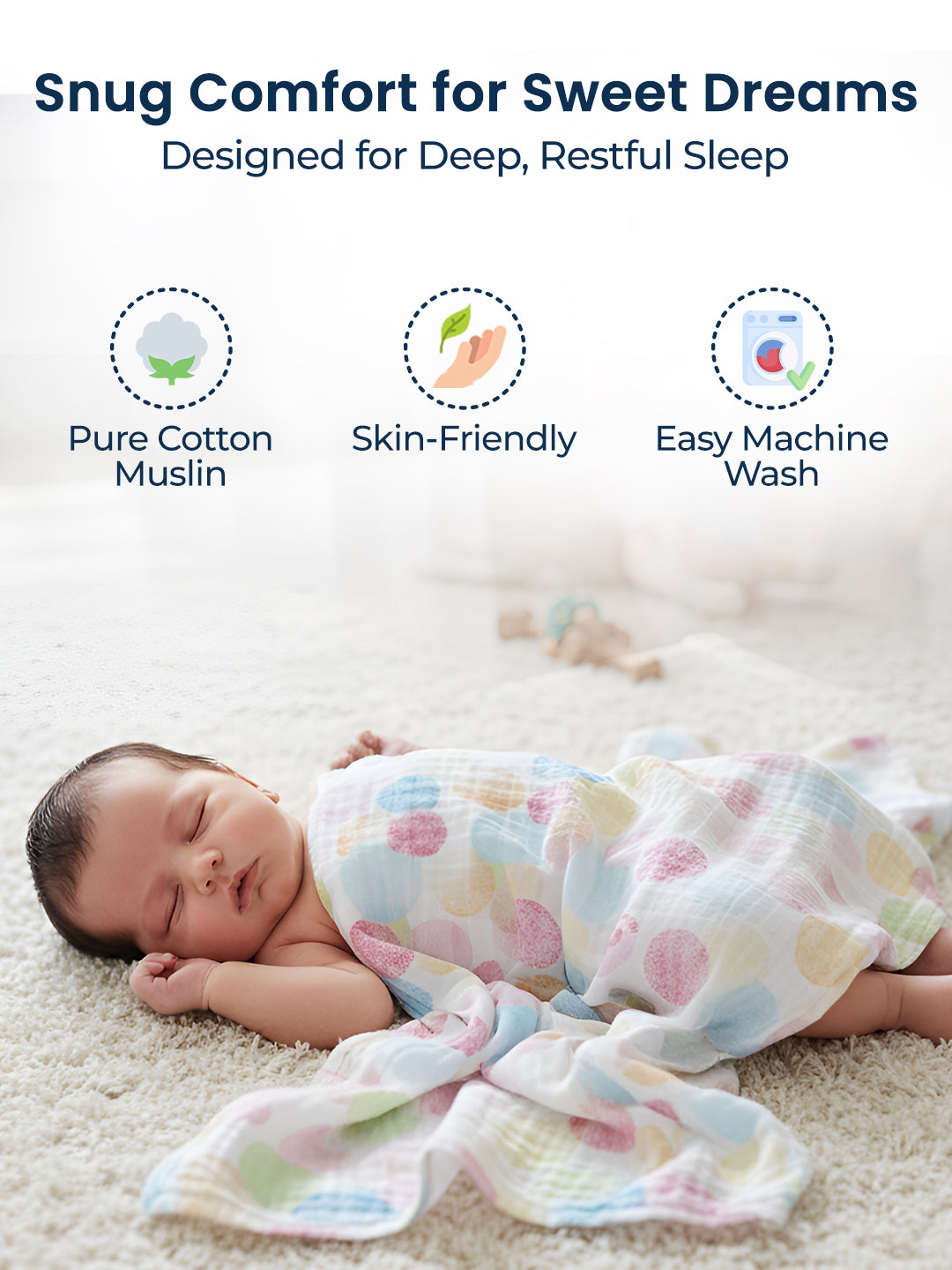 Baby swaddled in a colorful blanket with text about comfort and sleep quality.