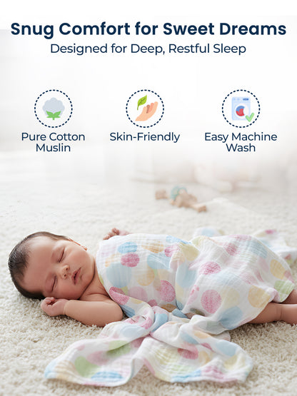 Baby swaddled in a colorful blanket with text about comfort and sleep quality.