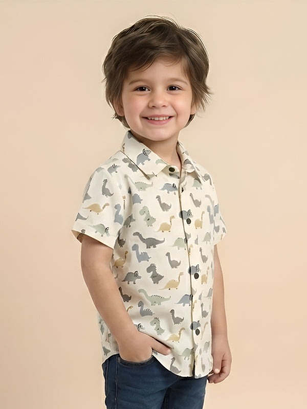 Polka Tots Half Sleeve Shirt Multi Color Dinosaur Print - White