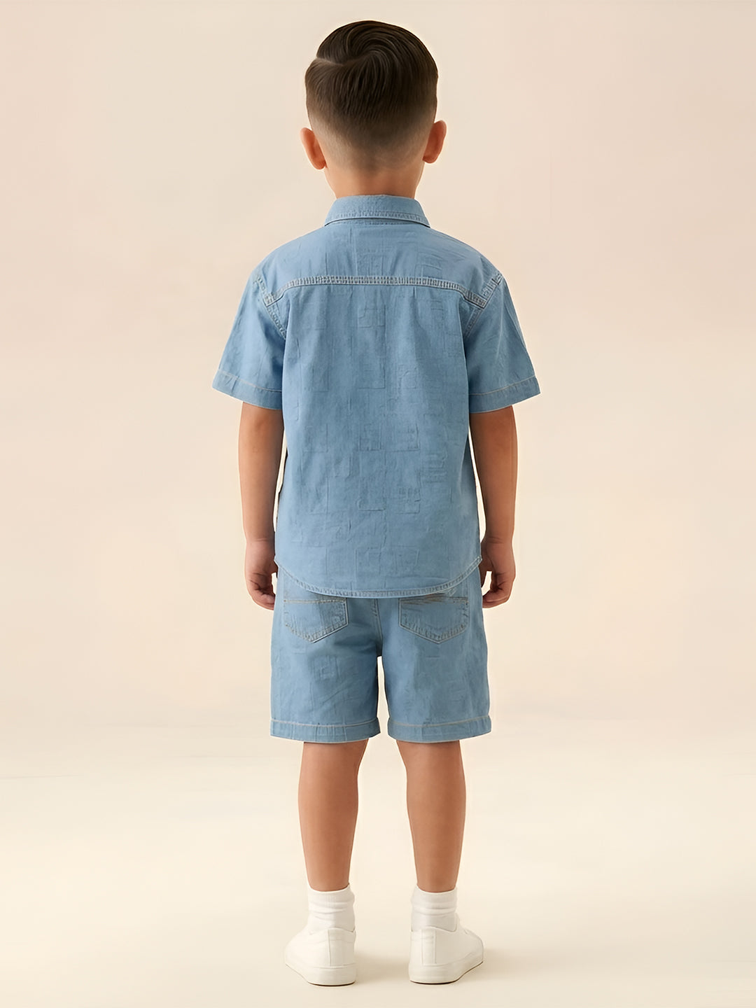 Polka Tots Half Sleeves Textured Denim co-ord set - Light Blue
