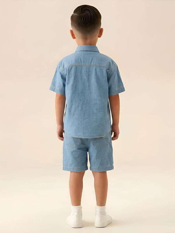 Polka Tots Half Sleeves Textured Denim co-ord set - Light Blue