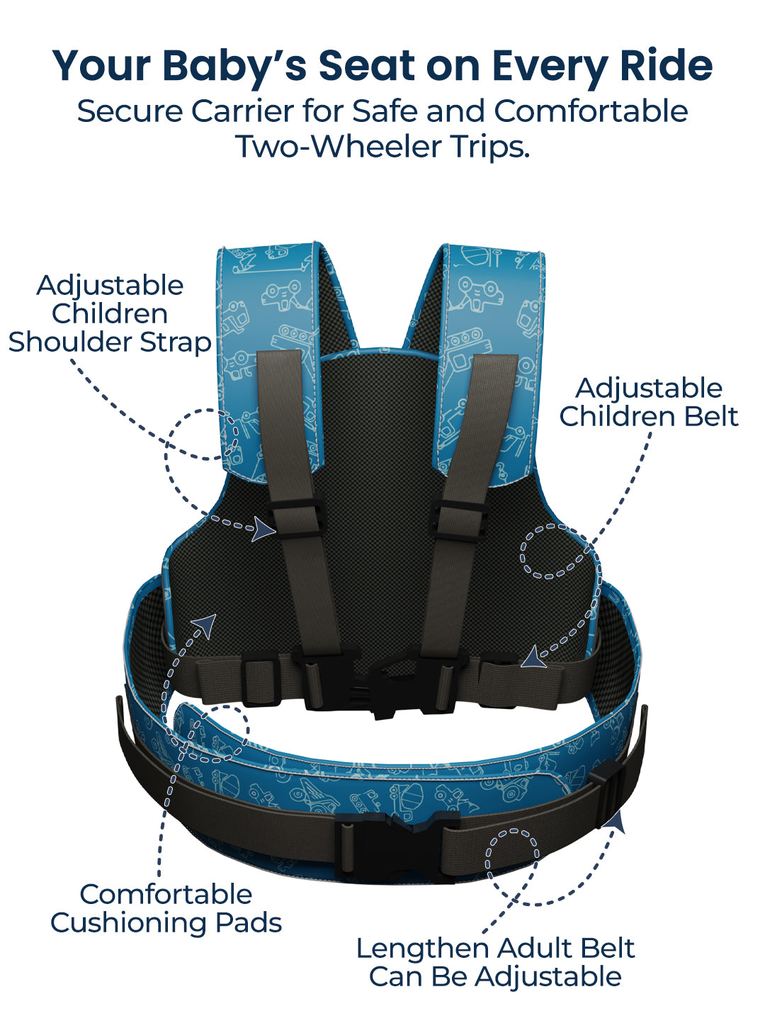 Baby seat carrier with features highlighted on a white background
