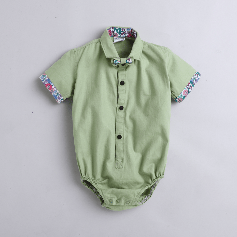 Polka Tots Half Sleeve Onesie Romper Plain Solid With Bow Tie Green