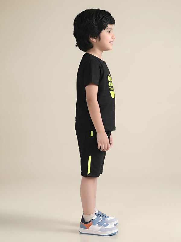 Polka Tots Half Sleeves My Dad is cooler than yours print T-Shirt Shorts - Black
