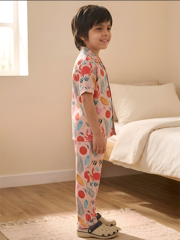 Polka Tots Half Sleeves Beach print Night Suit - Multicolor
