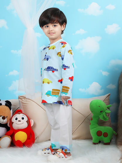 Polka Tots Vehicles print Full sleeves Nightwear Kurta pyjama set - Blue
