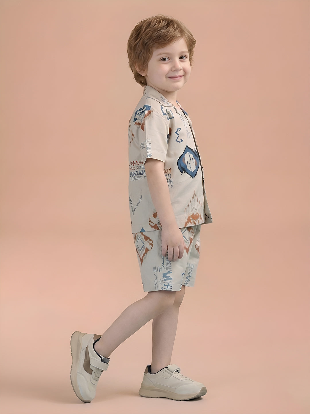 Polka Tots Half Sleeves Abstract print Co-ords - Cream