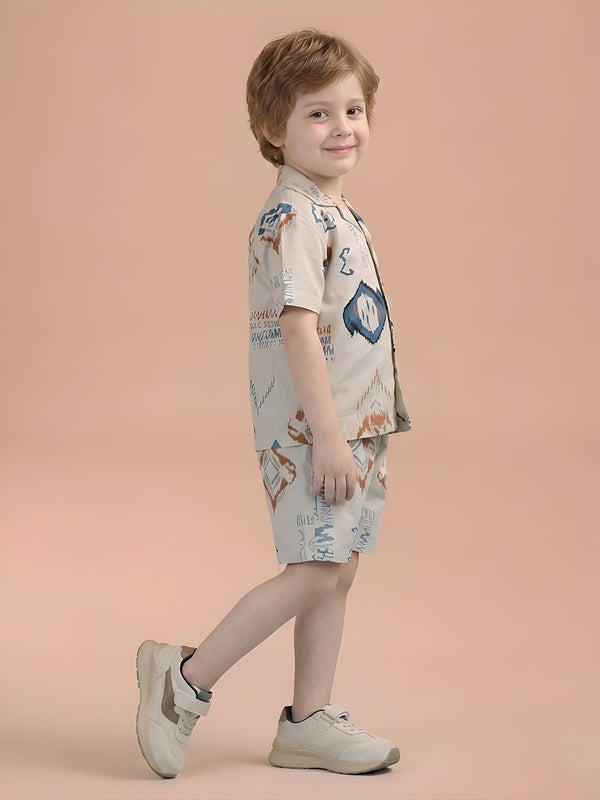 Polka Tots Half Sleeves Abstract print Co-ords - Cream