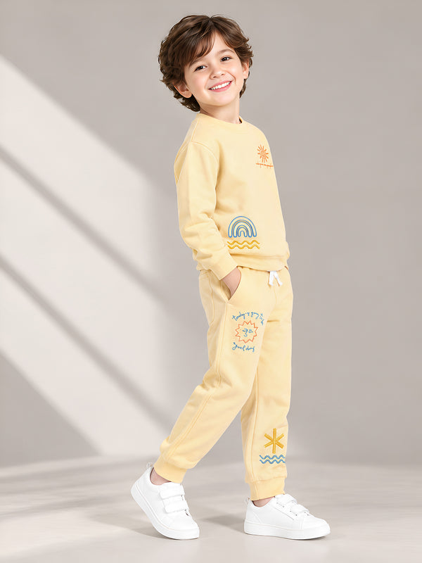 Polka Tots Full Sleeve Sunshine & Rainbow Embroidered Co-ord Jogger Set – Cream