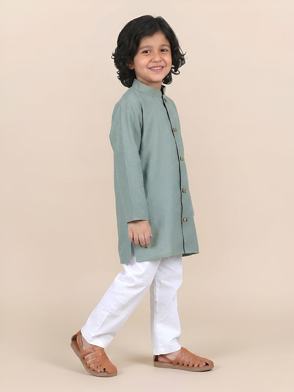 Polka Tots Full Sleeve Boys Geometric Buta Weave Ethnic Kurta Pyjama Set with Wooden Buttons - Green