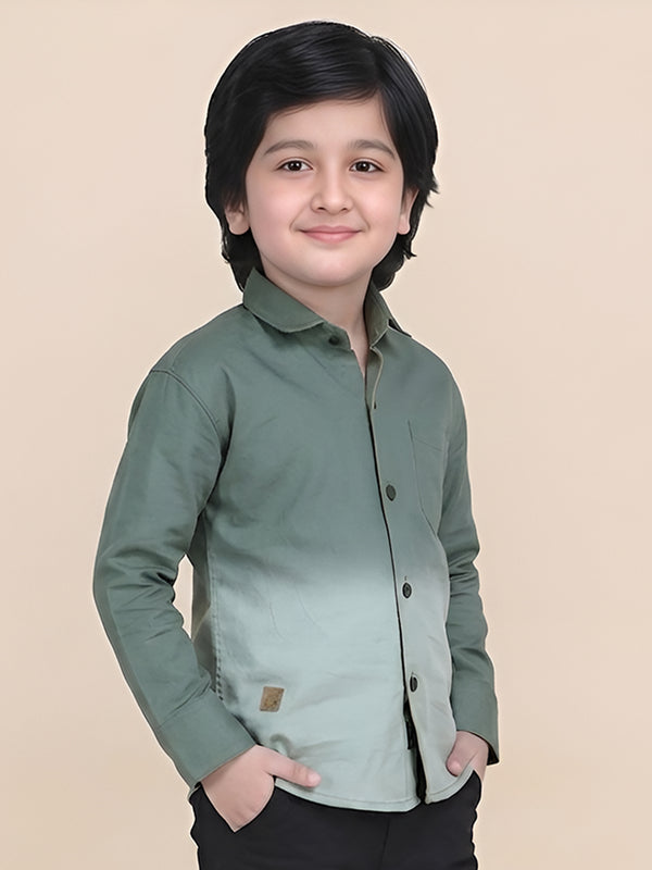 Polka Tots Full Sleeves Cotton Ombre Effect Shirt - Green