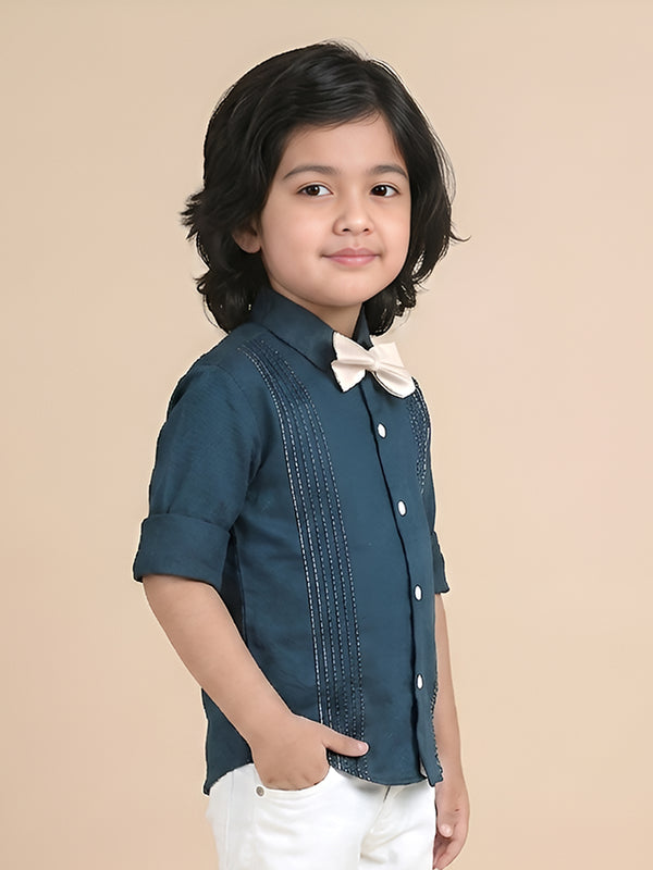 Polka Tots Full sleeves Lining shirt with Bow - Navy Blue