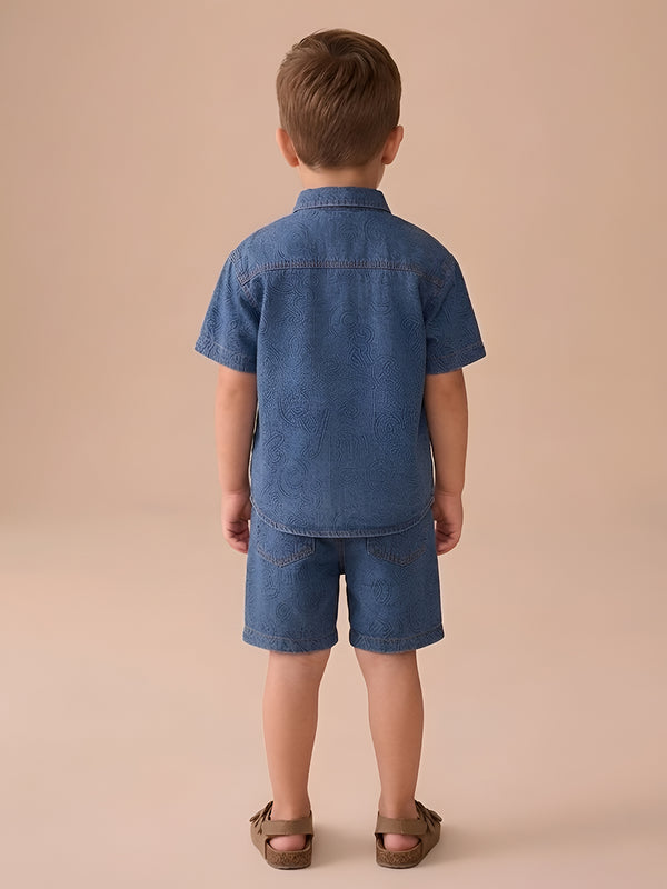 Polka Tots Half Sleeves Alphabet Print Denim co-ord set - Blue