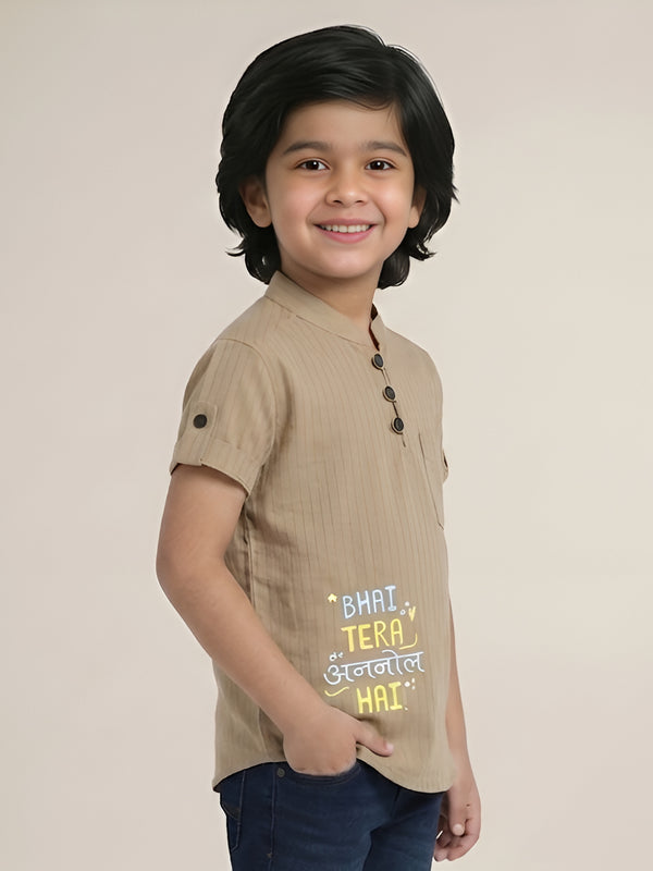 Polka Tots Half Sleeve Striped Kurta with Hindi Graphic - Tan