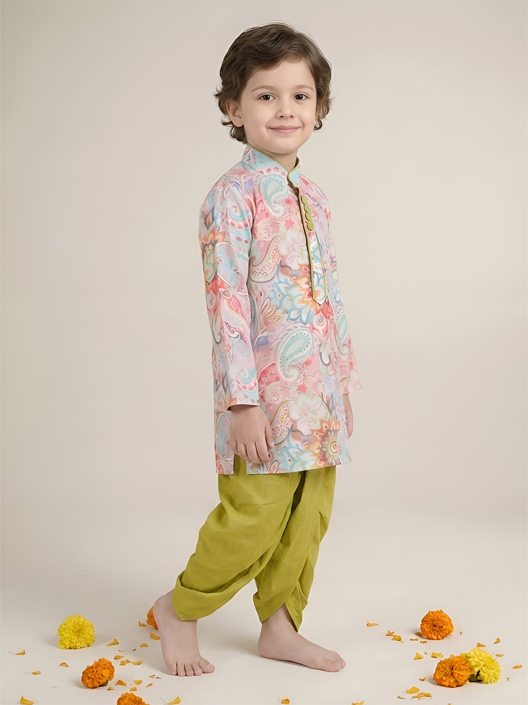 Polka Tots Full Sleeve Ethnic Print Kurta with Dhoti Set - Green