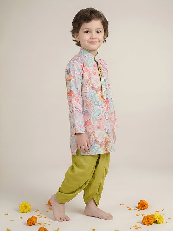 Polka Tots Full Sleeve Ethnic Print Kurta with Dhoti Set - Green