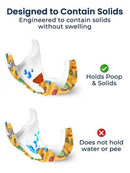 Colorful poop bag dispenser with text explaining its features on a white background