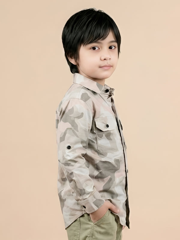 Polka Tots Full sleeve camouflage shirt - Grey and Pink