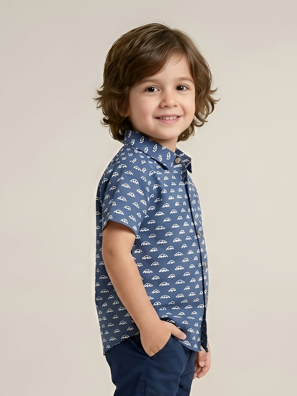 Polka Tots Half Sleeves Car Print Shirt - Blue