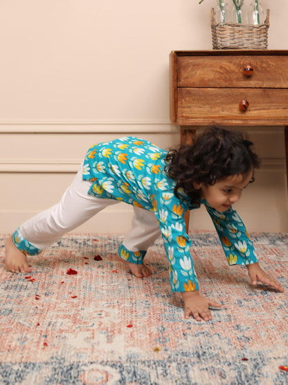 Polka Tots Lotus print Full sleeves Nightwear Kurta pyjama set - Blue