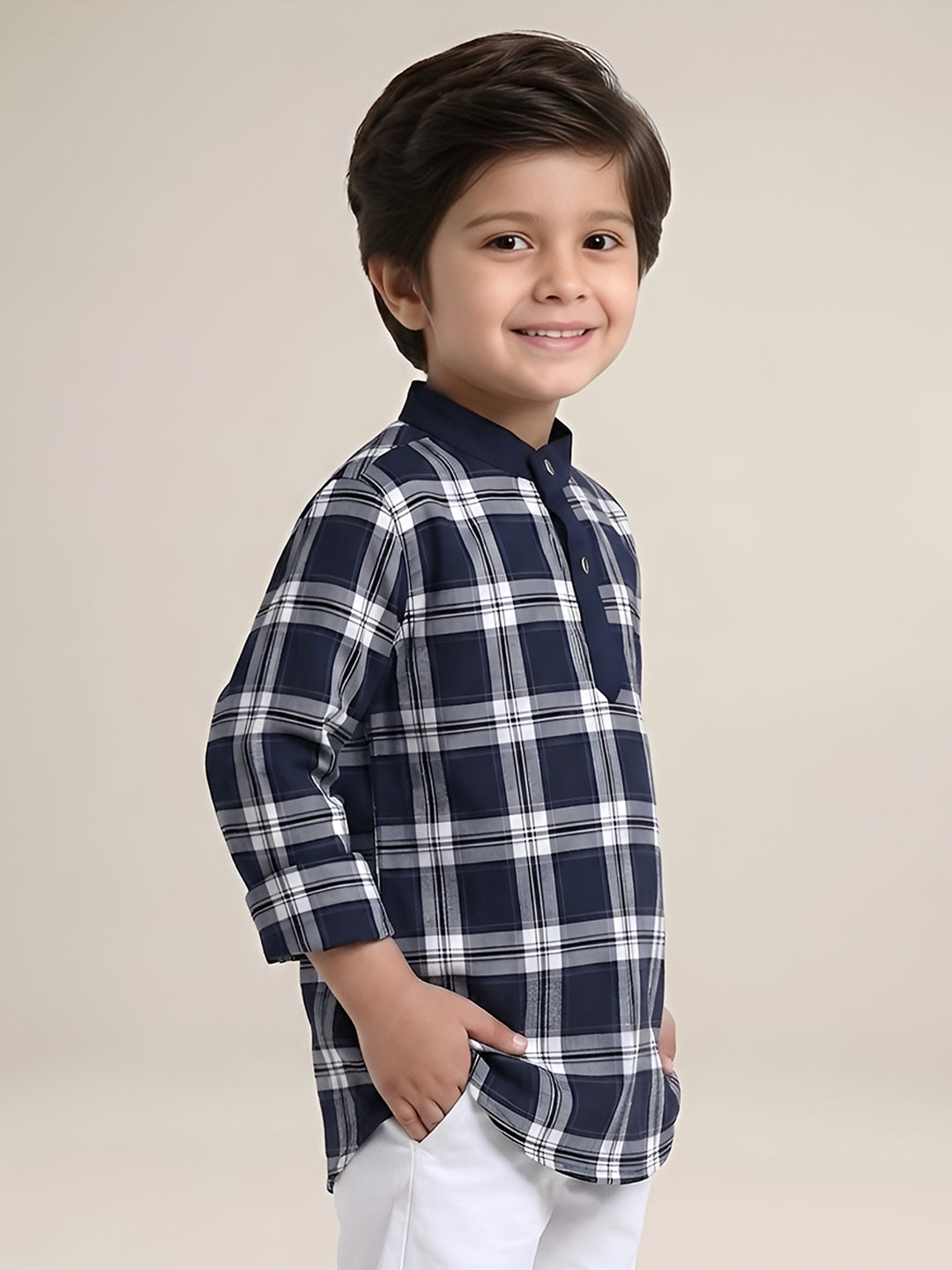 Polka Tots Full Sleeves Checks Shirt Style Kurta - Indigo