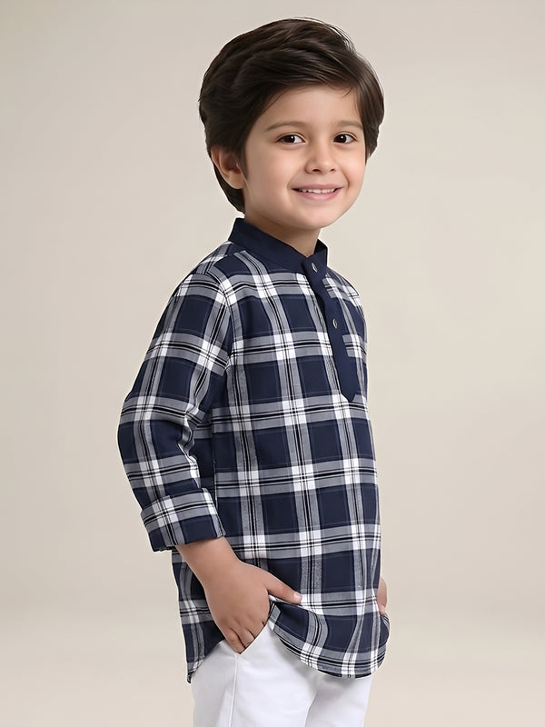 Polka Tots Full Sleeves Checks Shirt Style Kurta - Indigo