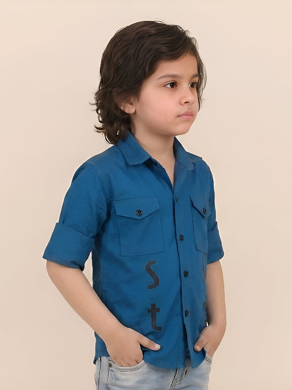 Polka Tots Full sleeves Stud print shirt - Blue