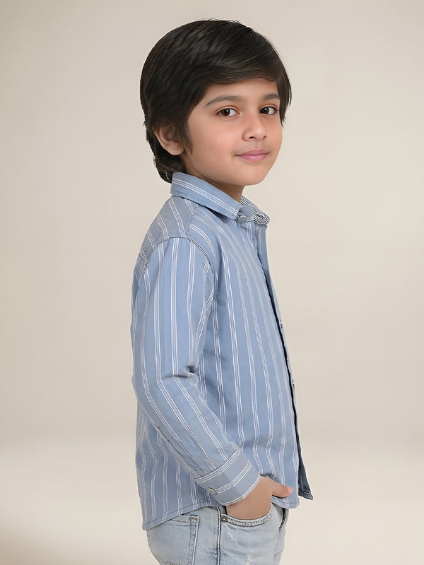 Polka Tots Full Sleeves Cotton Striped Shirt - Blue