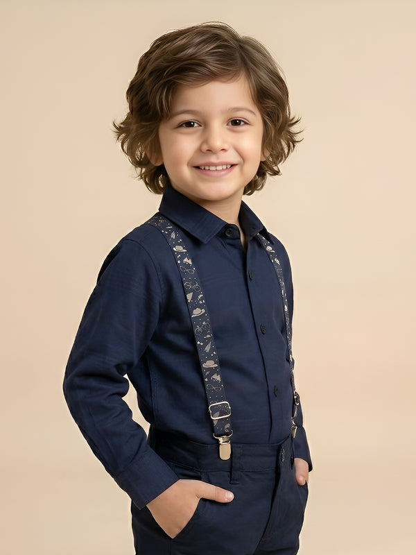 Polka Tots self stripe printed suspender shirt - Blue