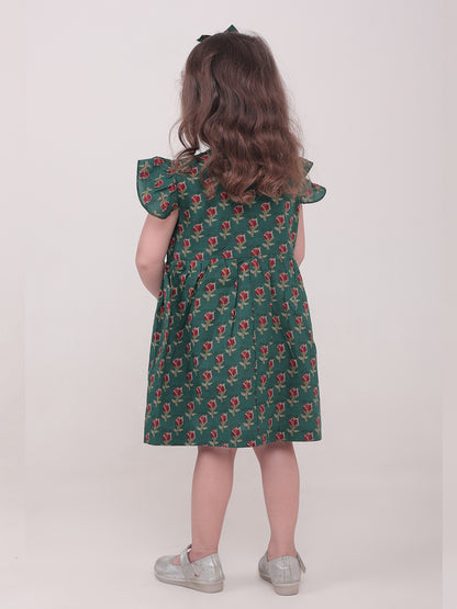 Polka Tots Half sleeve Floral print Frock with Headband - Dark Green