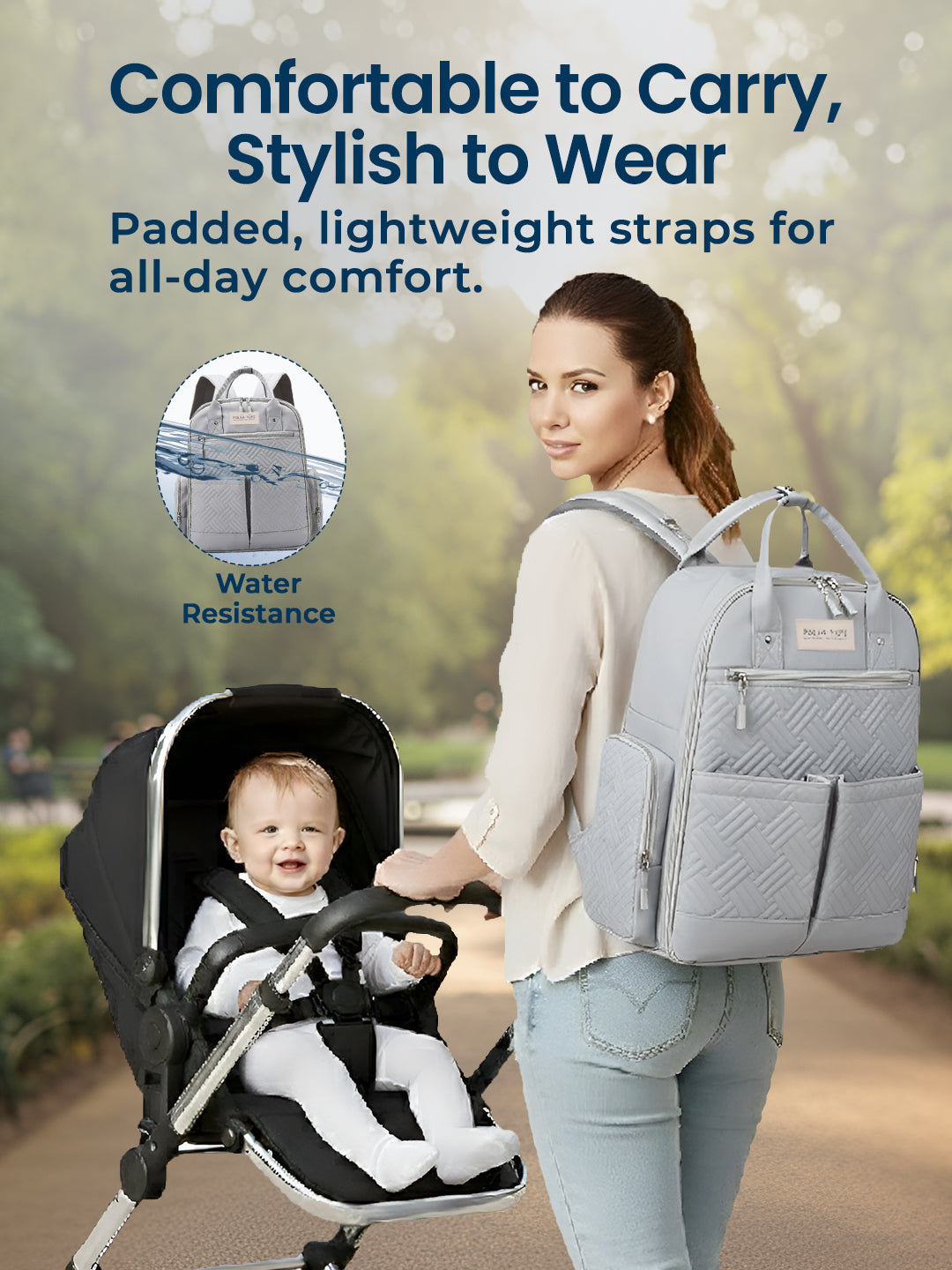 Woman pushing a stroller with a baby and carrying a gray backpack, set against a blurred outdoor background.