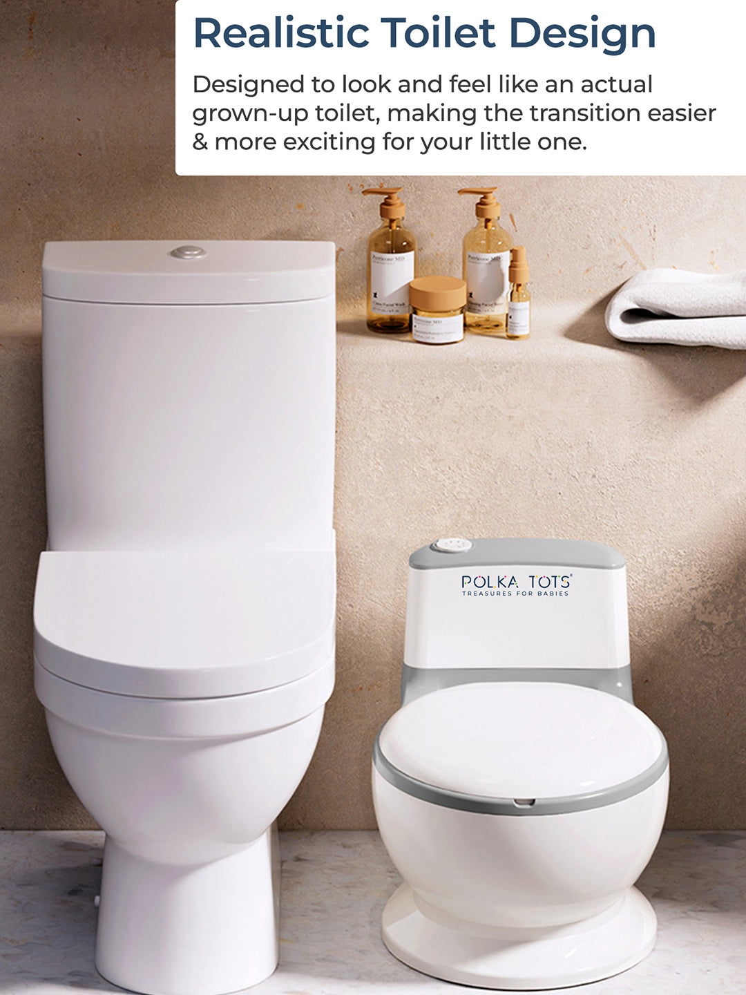 Children's toilet trainer with realistic design in a bathroom setting